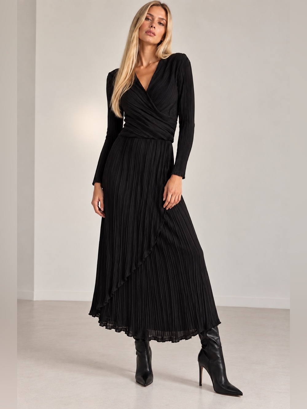 Twist Black Pleated Wrap Top & Midi Skirt Matching Set Size 6